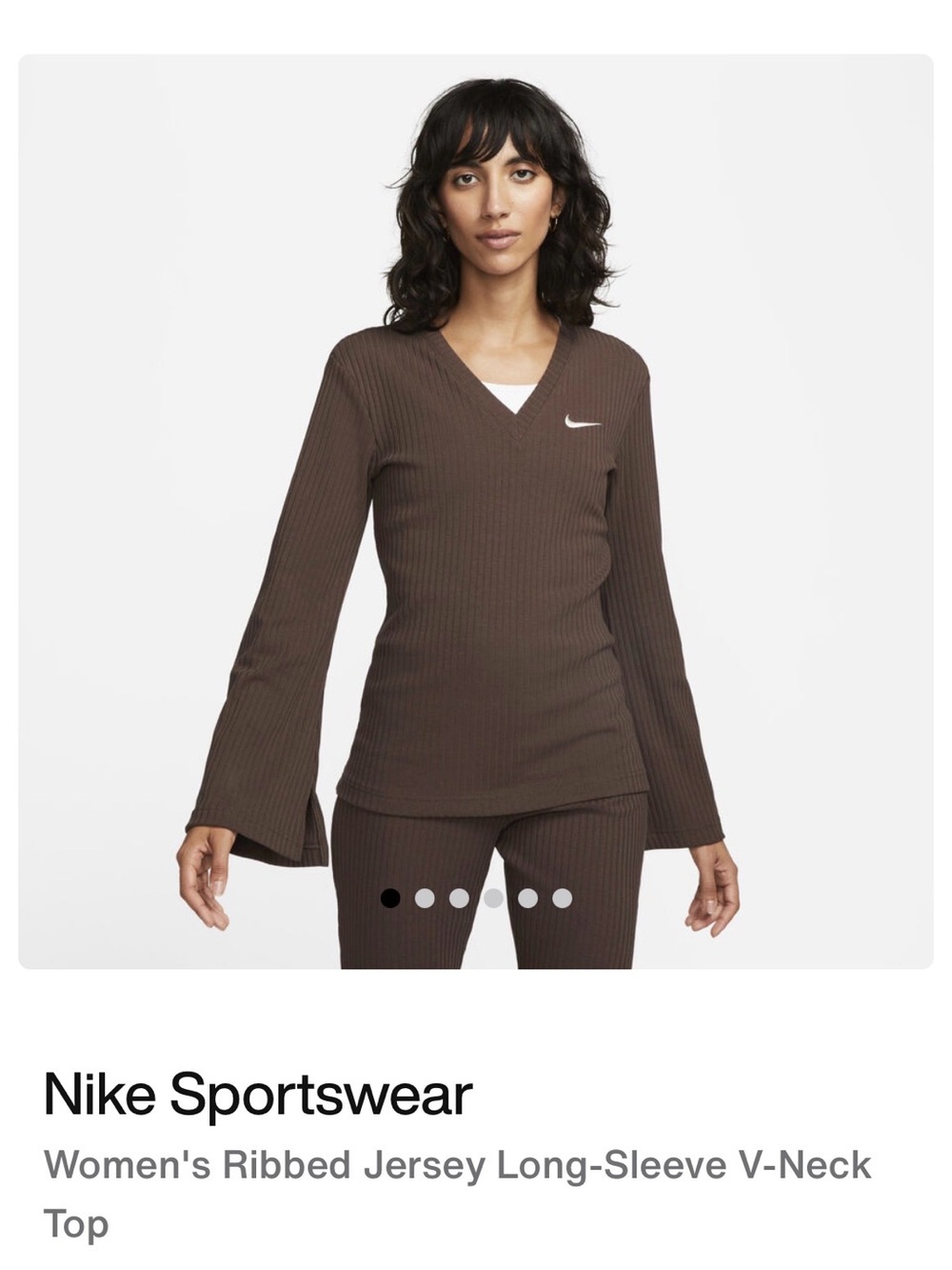 Nike Women's Ribbed V-Neck Long Sleeve Top - Brown